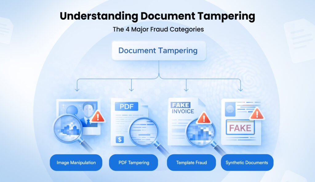 Document tampering types including image manipulation, PDF fraud, template abuse and synthetic documents